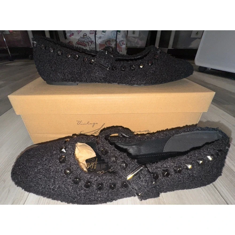 NWT Vintage Havana Impress 3 Mary Jane Women Black Boucle Studded Flats 8.5